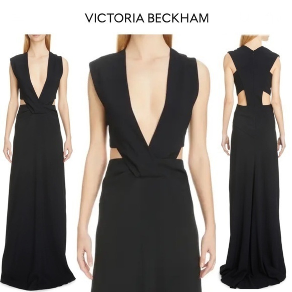 VICTORIA BECKHAM Crossover Plunge Neck Cady Maxi Dress sz 8 in Black 1450$